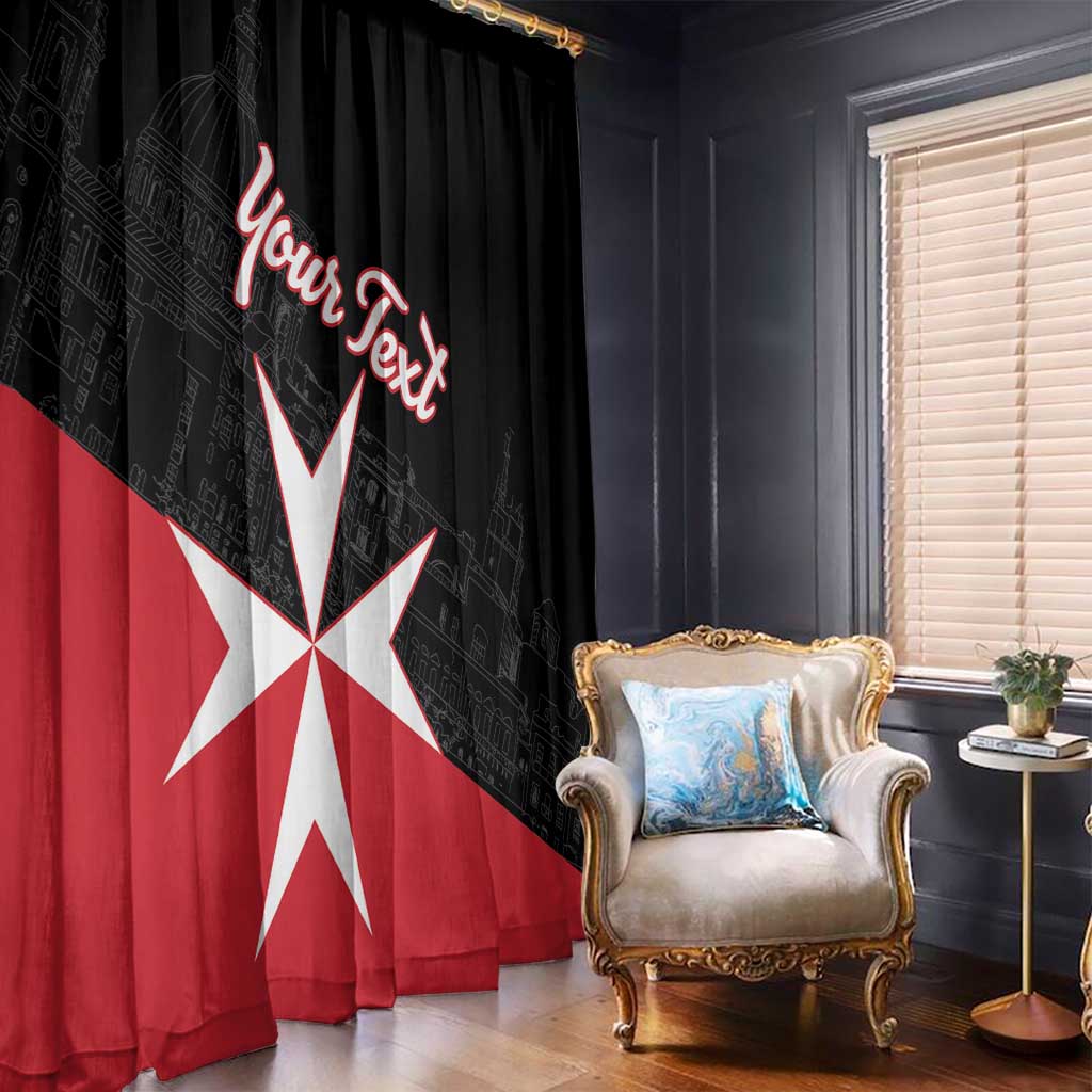 Black and red window curtain with white Malta cross and red personalized script, side view
