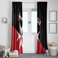 Black window curtain pair with red accents, white Malta cross, and red personalized script text