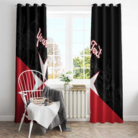 Black window curtain with red and white Malta cross design and red personalized script lettering