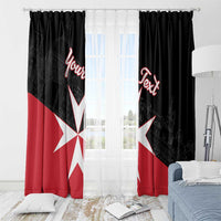 Black window curtain panels with white Malta cross and red personalized script on red lower area