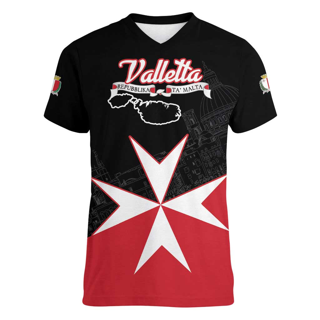 Personalized Malta Cross With Valletta Capital Women V-Neck T-Shirt - Wonder Print Shop