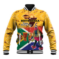 Yellow baseball jacket with ribbed collar/cuffs, front dancer graphic and Heritage Day text