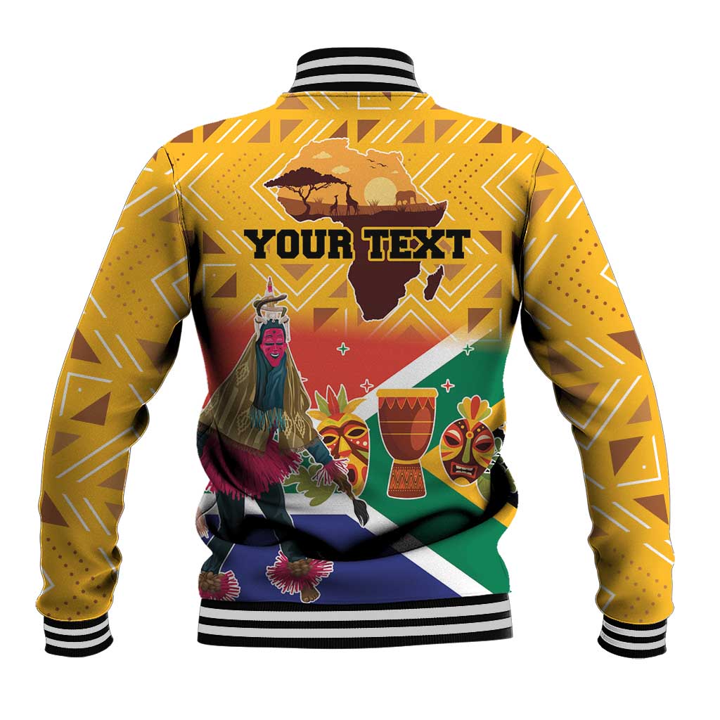 Yellow baseball jacket with ribbed collar/cuffs, back graphic of dancers and “YOUR TEXT”