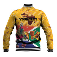 Yellow baseball jacket with ribbed collar/cuffs, back graphic of dancers and “YOUR TEXT”