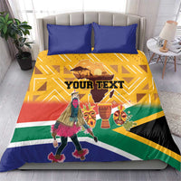 South Africa Heritage Day bedding set with two blue pillows and yellow flag dancer artwork