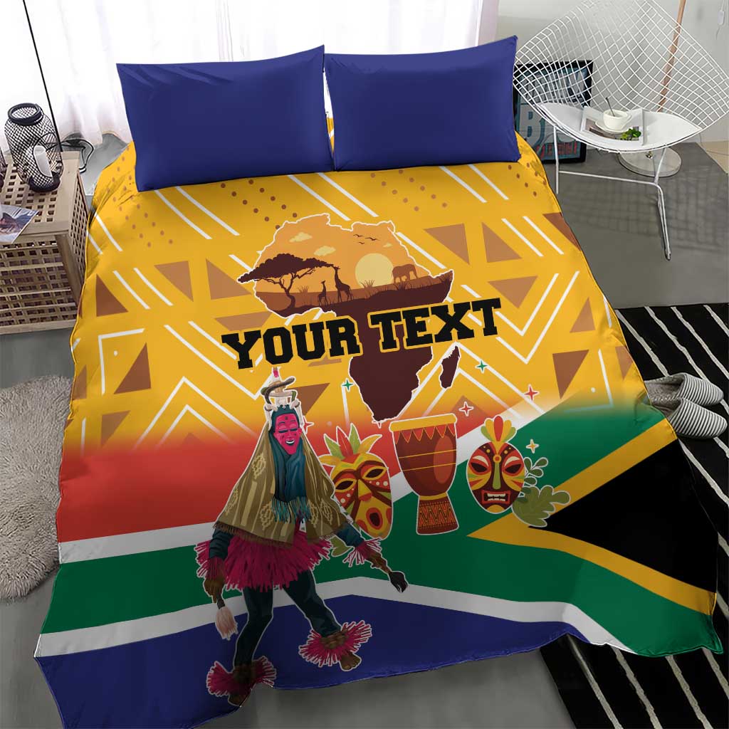 South Africa Heritage Day bedding set with blue pillowcases and yellow flag dancer graphic