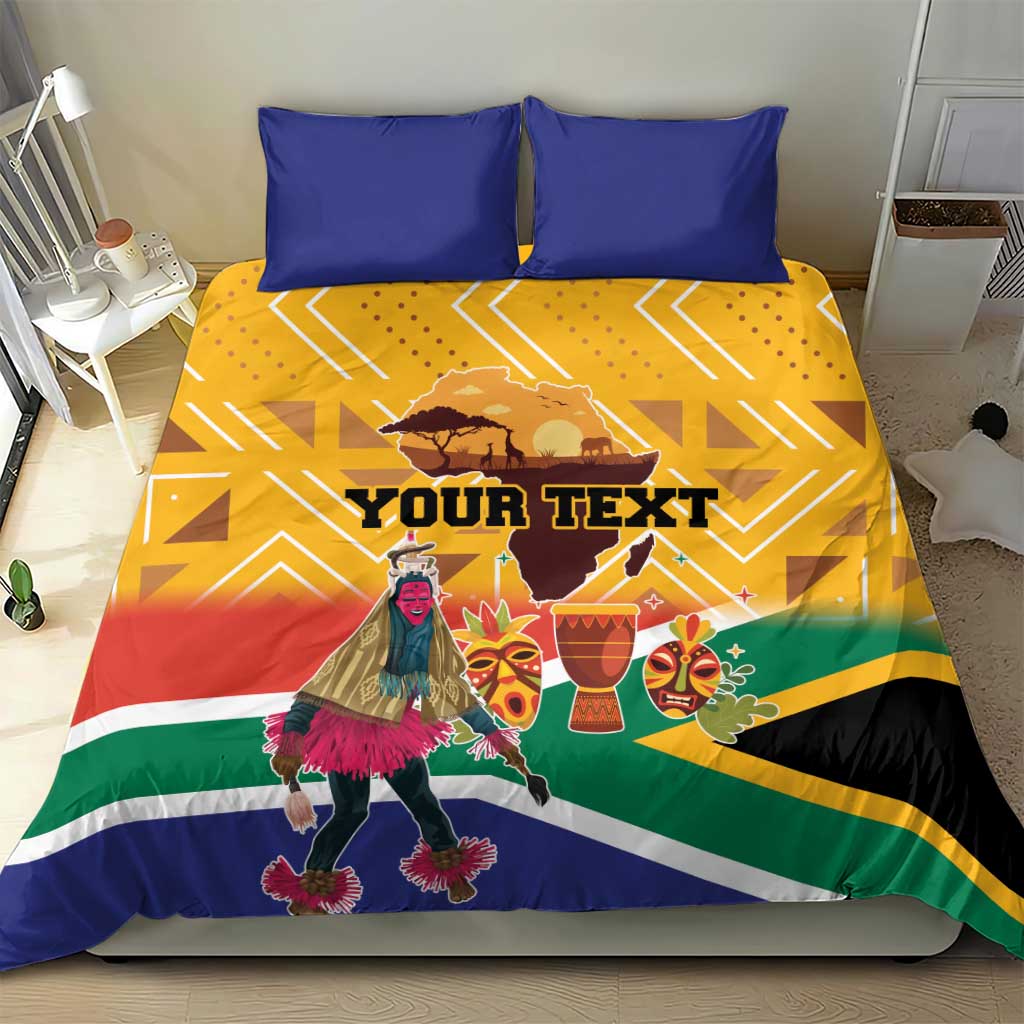 South Africa Heritage Day bedding set with blue pillows and colorful dancer flag print