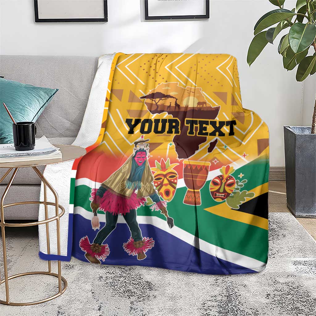 Personalized South Africa heritage blanket, yellow-orange with dancer and masks graphic