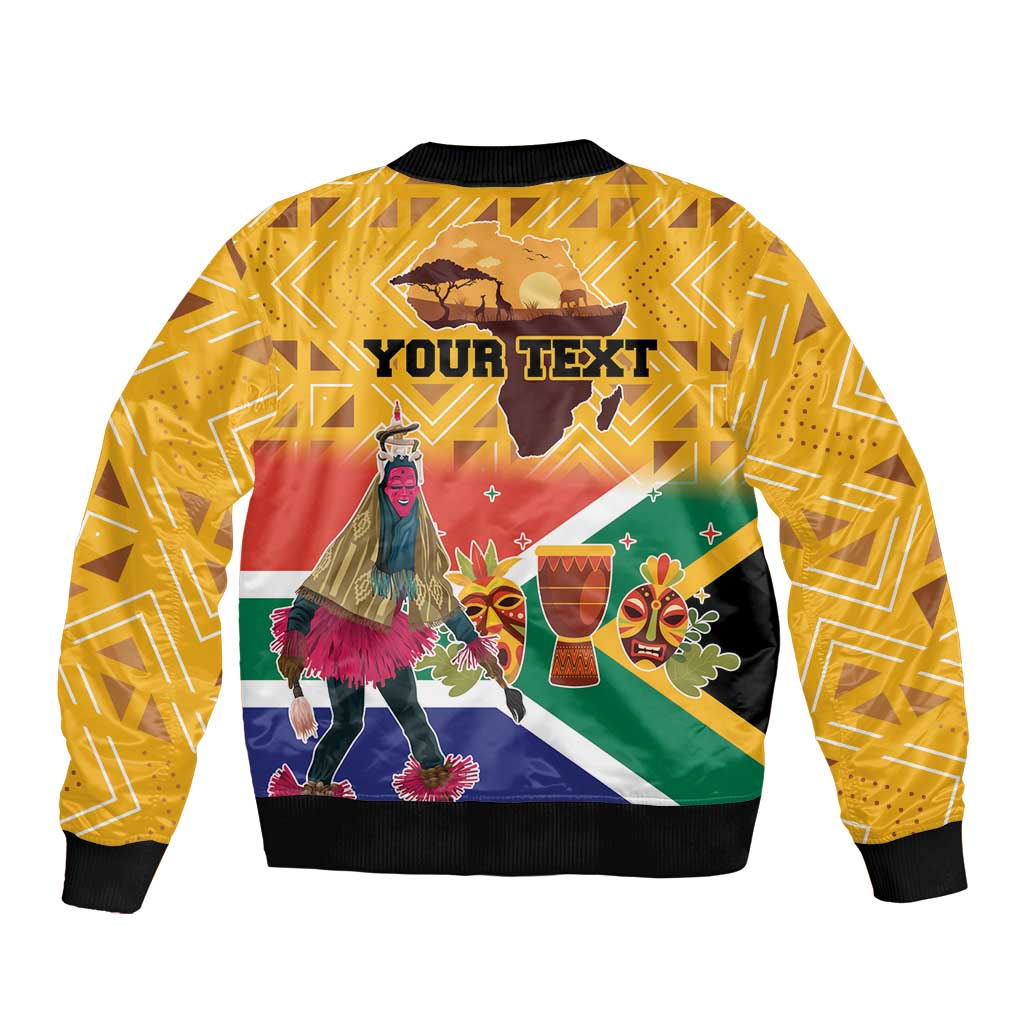 Yellow bomber jacket with black ribbed cuffs and back print, YOUR TEXT over dancer graphics