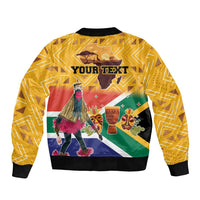 Yellow bomber jacket with black ribbed cuffs and back print, YOUR TEXT over dancer graphics
