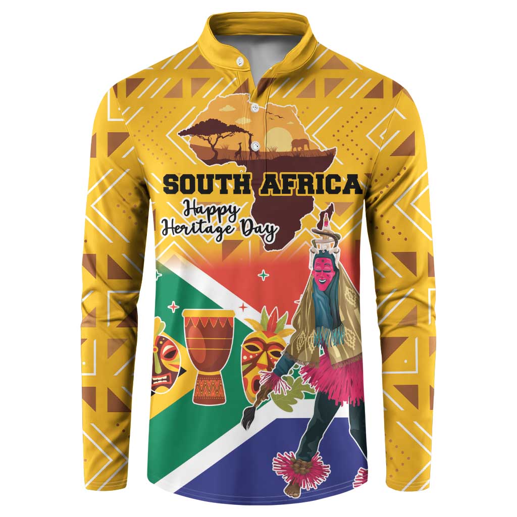 Yellow button sweatshirt with South Africa Heritage Day graphic and dancers on front.