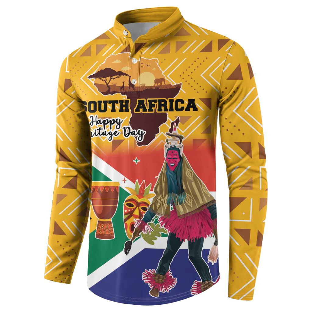 Yellow button sweatshirt front with South Africa Heritage Day dancer graphic and masks.