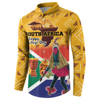 Yellow button sweatshirt front with South Africa Heritage Day dancer graphic and masks.