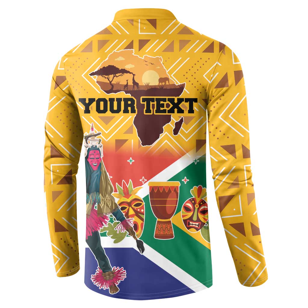 Yellow button sweatshirt back with 'YOUR TEXT' and South Africa Heritage Day graphic.