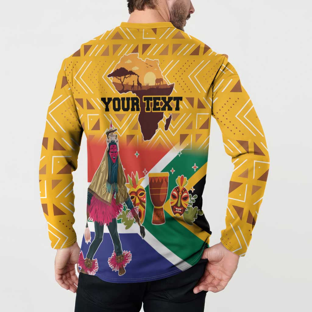 Yellow button sweatshirt back with 'YOUR TEXT' and Heritage Day dancer scene.