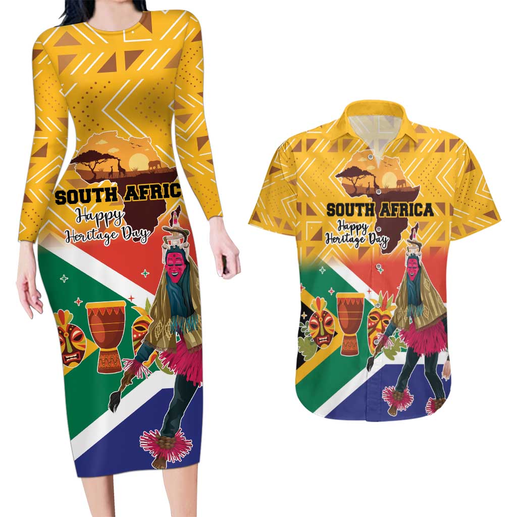 Personalized South Africa Heritage Day Couples Matching Long Sleeve Bodycon Dress and Hawaiian Shirt With Traditional Dancer - Wonder Print Shop