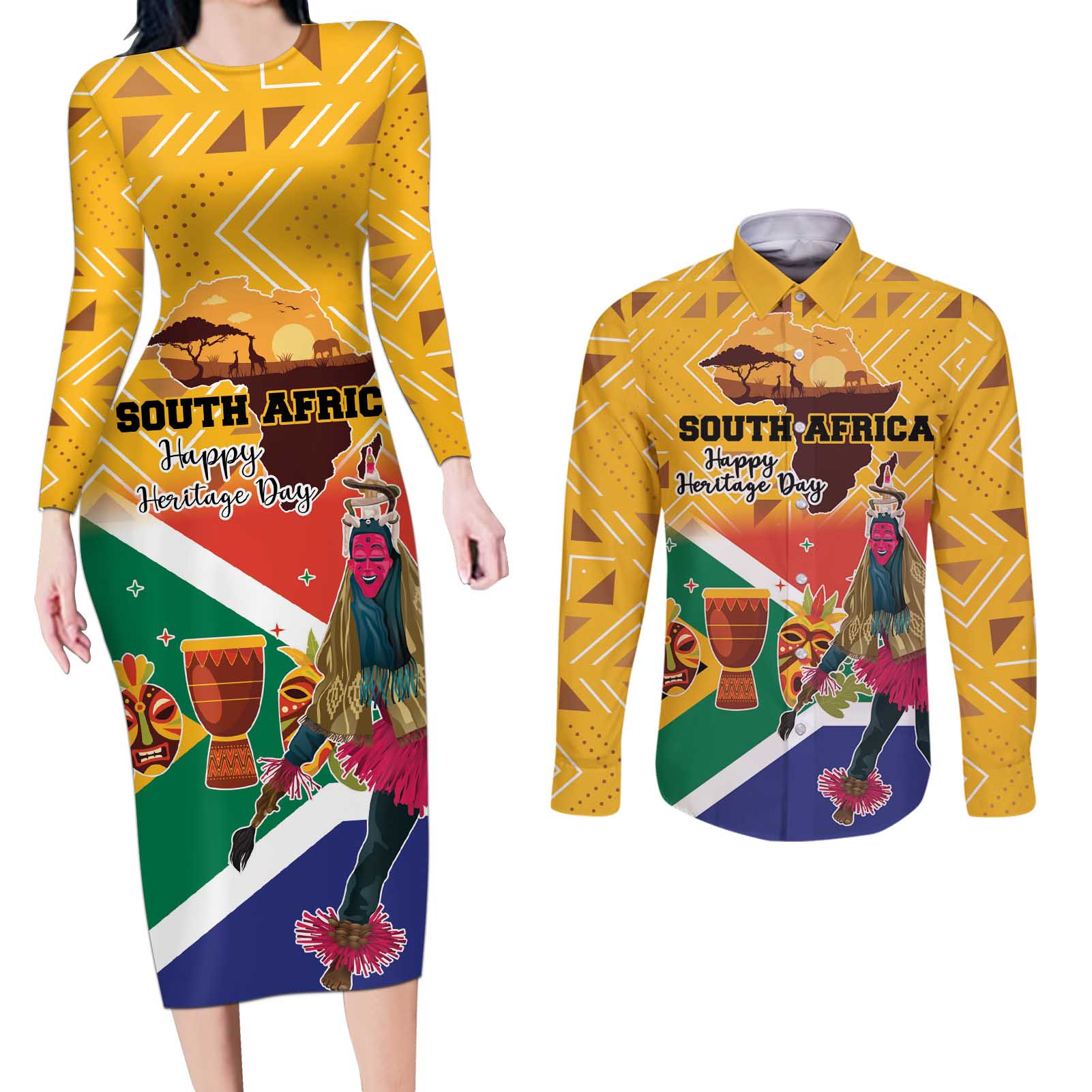 Personalized South Africa Heritage Day Couples Matching Long Sleeve Bodycon Dress and Long Sleeve Button Shirt With Traditional Dancer - Wonder Print Shop