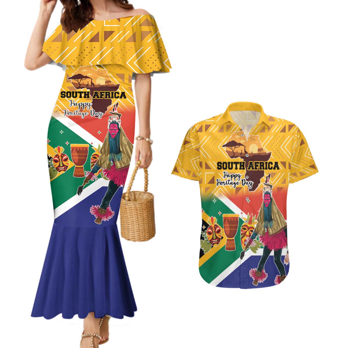 Personalized South Africa Heritage Day Couples Matching Mermaid Dress and Hawaiian Shirt With Traditional Dancer - Wonder Print Shop