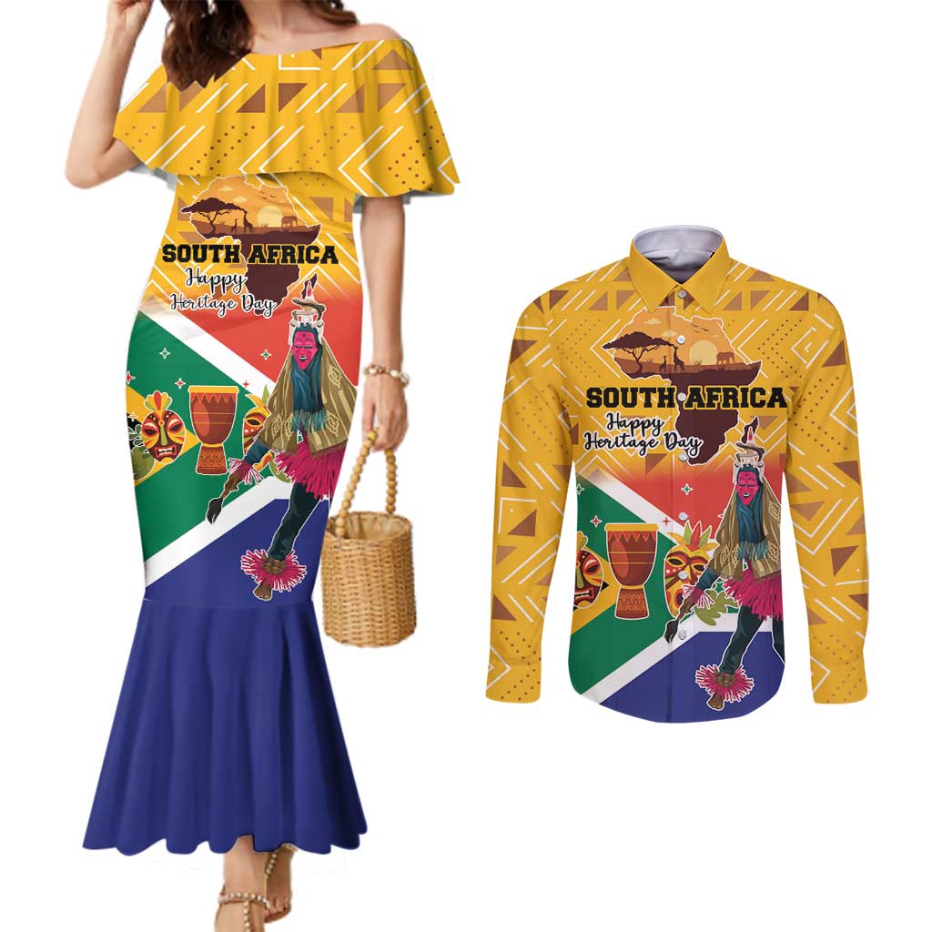 Personalized South Africa Heritage Day Couples Matching Mermaid Dress and Long Sleeve Button Shirt With Traditional Dancer