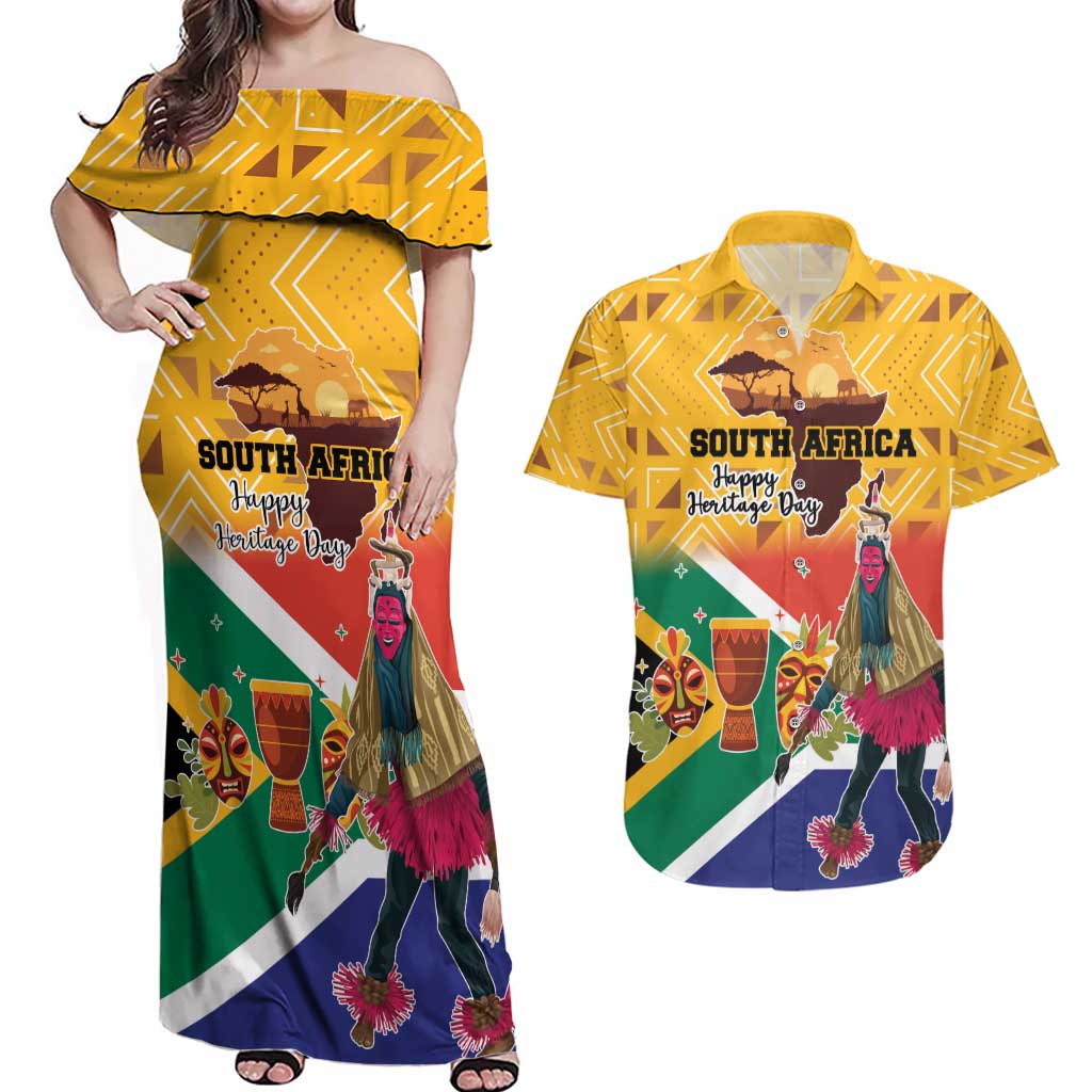 Personalized South Africa Heritage Day Couples Matching Off Shoulder Maxi Dress and Hawaiian Shirt With Traditional Dancer - Wonder Print Shop