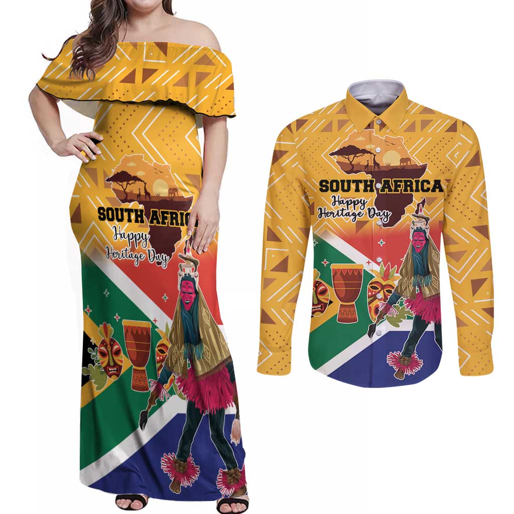 Personalized South Africa Heritage Day Couples Matching Off Shoulder Maxi Dress and Long Sleeve Button Shirt With Traditional Dancer - Wonder Print Shop