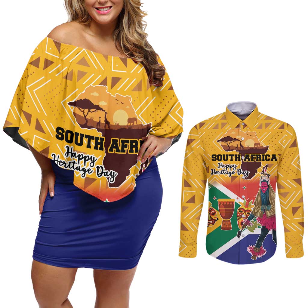 Personalized South Africa Heritage Day Couples Matching Off Shoulder Short Dress and Long Sleeve Button Shirt With Traditional Dancer - Wonder Print Shop