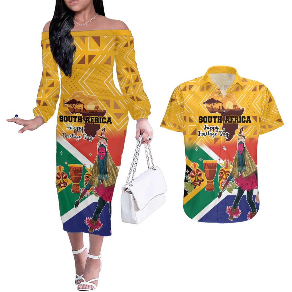 Personalized South Africa Heritage Day Couples Matching Off The Shoulder Long Sleeve Dress and Hawaiian Shirt With Traditional Dancer - Wonder Print Shop