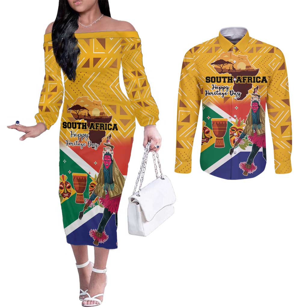 Personalized South Africa Heritage Day Couples Matching Off The Shoulder Long Sleeve Dress and Long Sleeve Button Shirt With Traditional Dancer