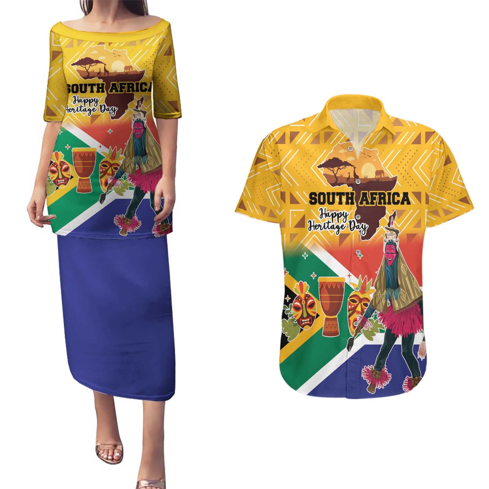 Personalized South Africa Heritage Day Couples Matching Puletasi and Hawaiian Shirt With Traditional Dancer - Wonder Print Shop