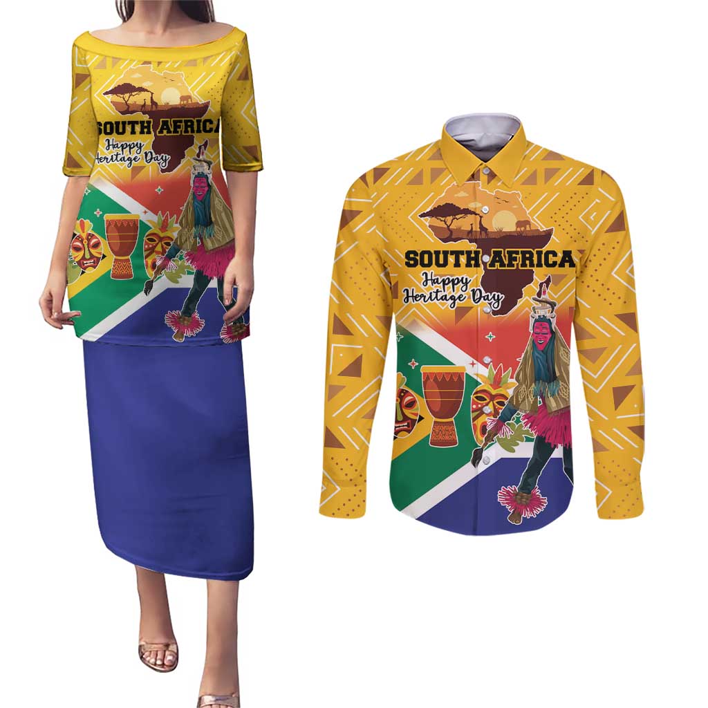 Personalized South Africa Heritage Day Couples Matching Puletasi and Long Sleeve Button Shirt With Traditional Dancer - Wonder Print Shop