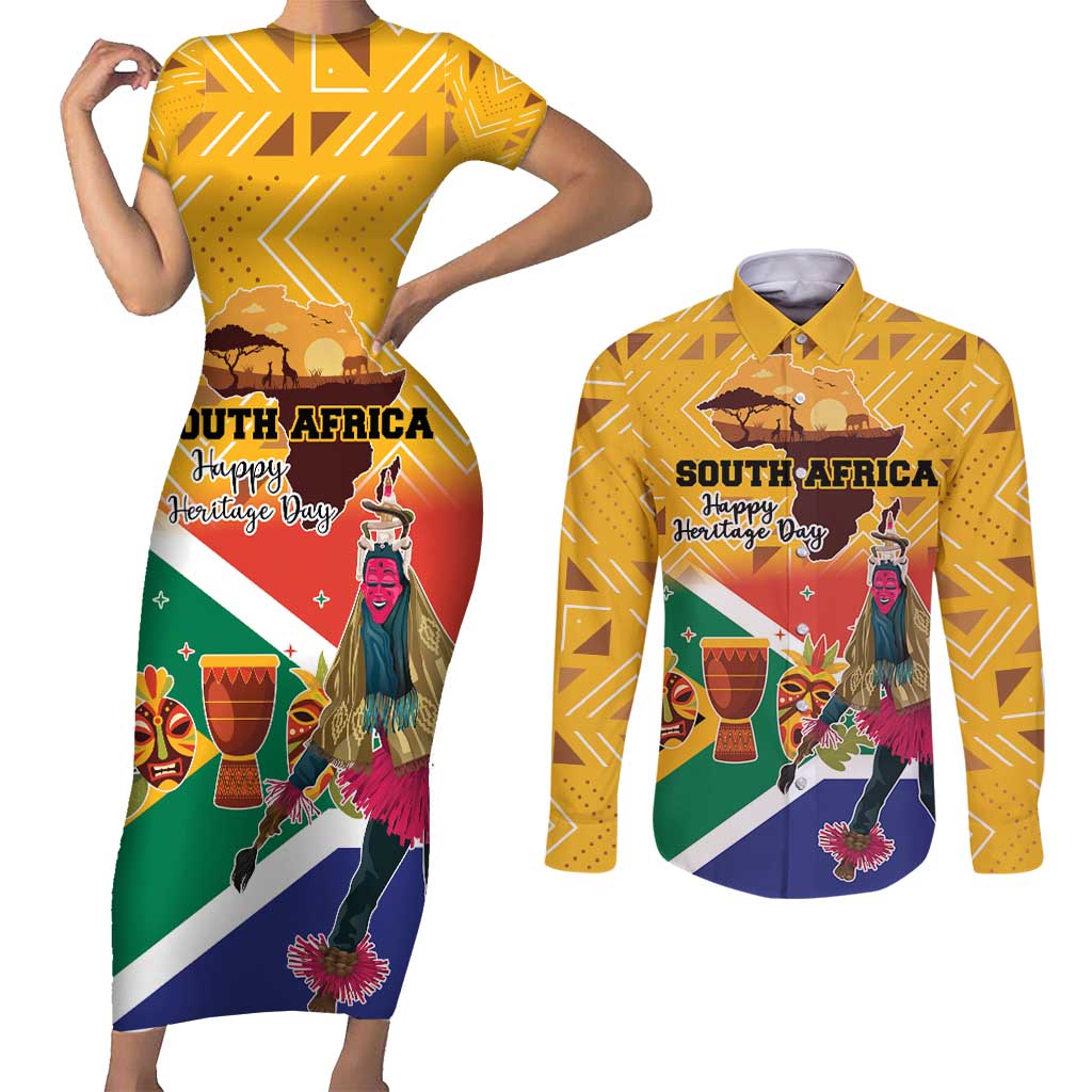 Personalized South Africa Heritage Day Couples Matching Short Sleeve Bodycon Dress and Long Sleeve Button Shirt With Traditional Dancer - Wonder Print Shop