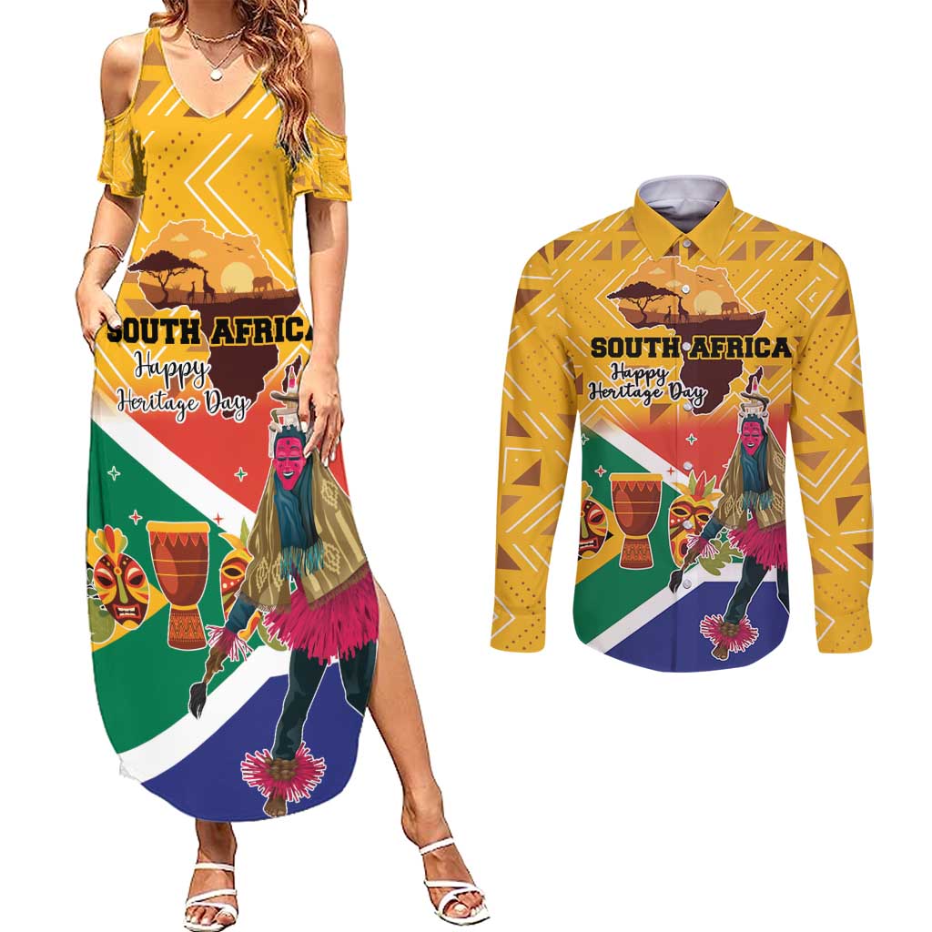 Personalized South Africa Heritage Day Couples Matching Summer Maxi Dress and Long Sleeve Button Shirt With Traditional Dancer - Wonder Print Shop