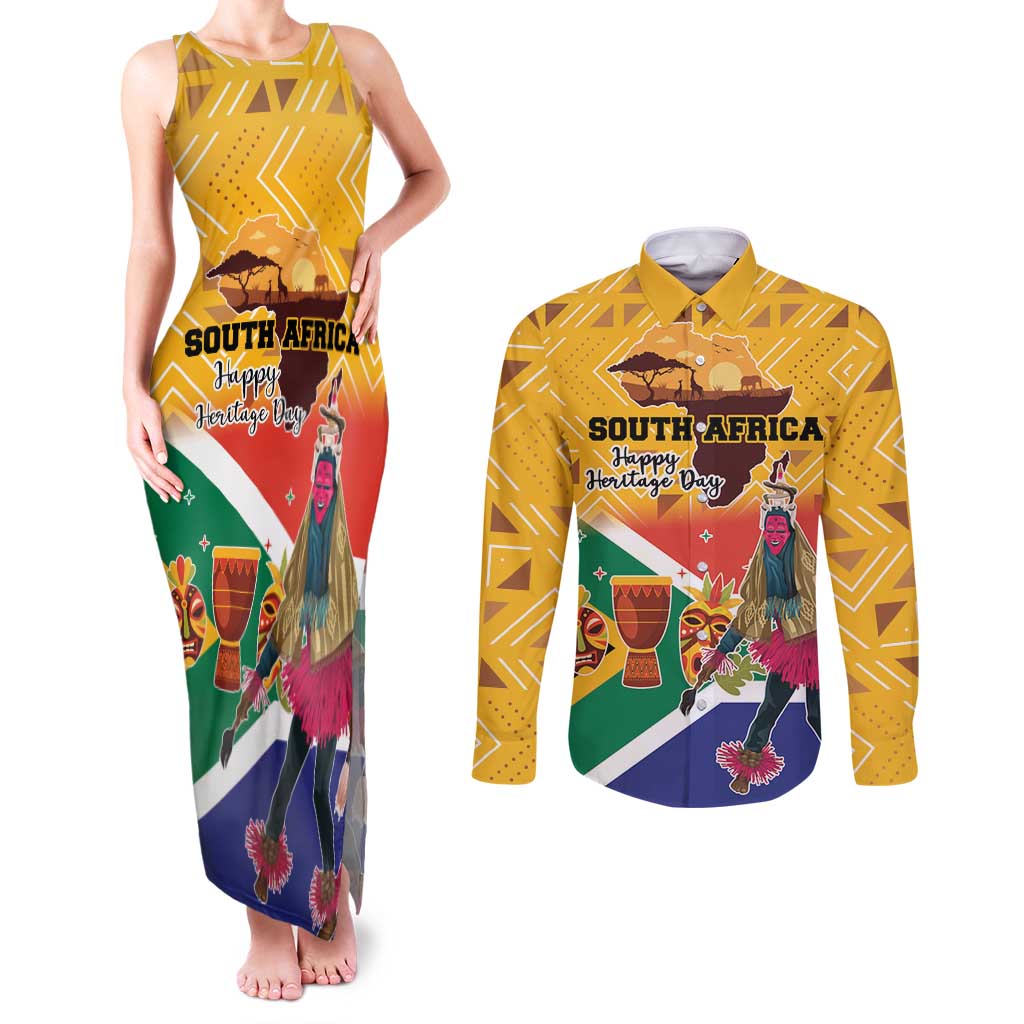 Personalized South Africa Heritage Day Couples Matching Tank Maxi Dress and Long Sleeve Button Shirt With Traditional Dancer - Wonder Print Shop