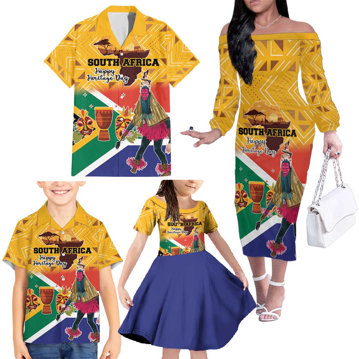 Personalized South Africa Heritage Day Family Matching Off The Shoulder Long Sleeve Dress and Hawaiian Shirt With Traditional Dancer - Wonder Print Shop