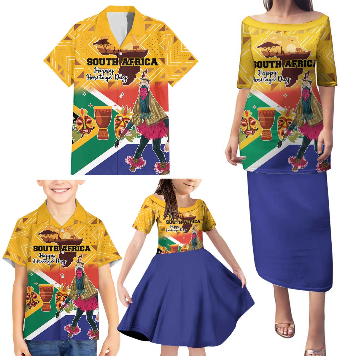 Personalized South Africa Heritage Day Family Matching Puletasi and Hawaiian Shirt With Traditional Dancer - Wonder Print Shop