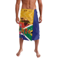 Personalized lavalava sarong in yellow, green, and blue with dancer print and 'YOUR TEXT'