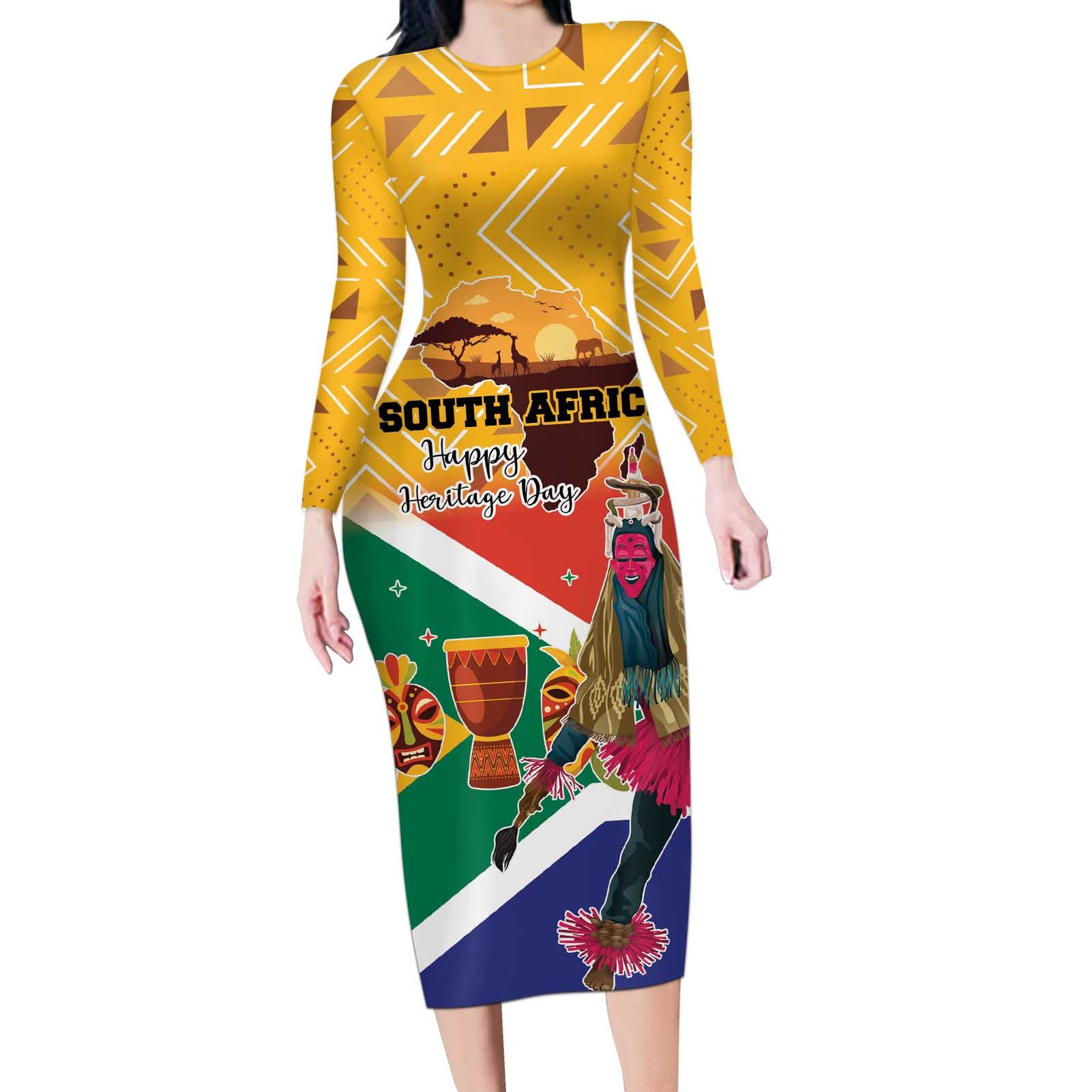 Personalized South Africa Heritage Day Long Sleeve Bodycon Dress With Traditional Dancer - Wonder Print Shop