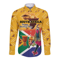 Yellow long sleeve button shirt with South Africa Heritage Day graphic, pointed collar
