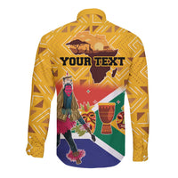 Yellow long sleeve button shirt with back text 'Your Text' and South Africa graphic