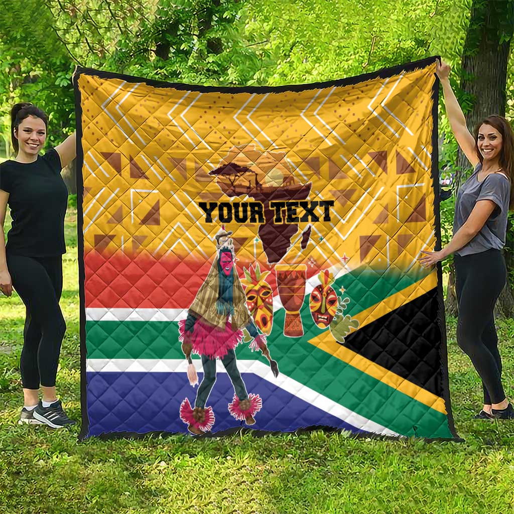 Yellow quilt featuring South Africa flag colors, custom text, and dancer artwork