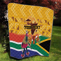 Yellow square quilt with custom text, dancer and masks over South Africa flag colors