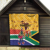 Yellow wall-hung quilt with custom text and traditional dancer design in South Africa colors