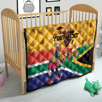 Yellow quilt on baby bed with custom text and South Africa flag dancer artwork