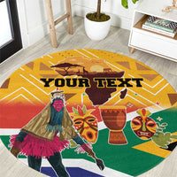 Personalized round yellow carpet with traditional dancer and South Africa map graphic
