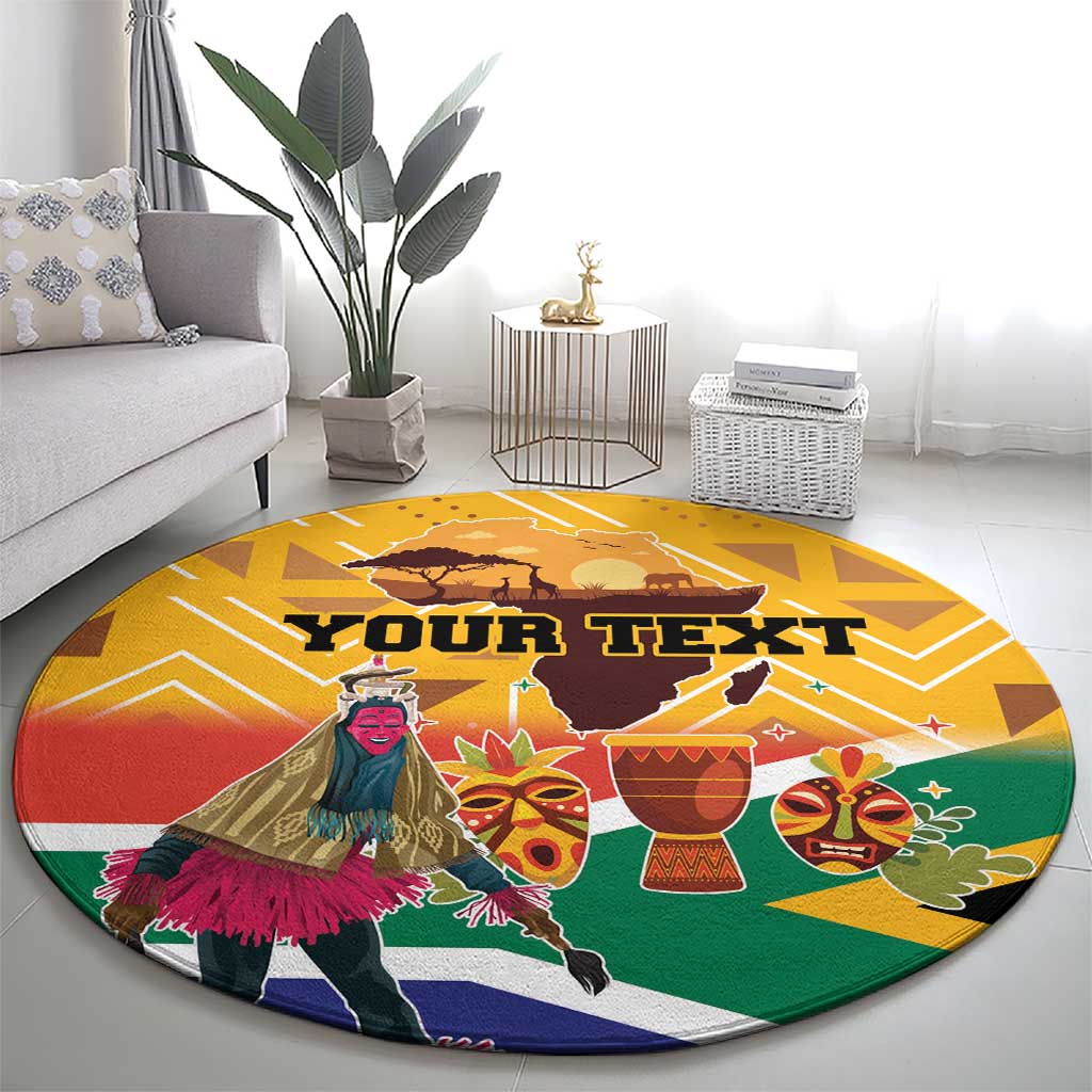 Personalized round yellow carpet with dancer, masks, and South Africa map center art