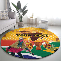 Personalized round yellow carpet with dancer, masks, and South Africa map center art