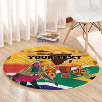 Personalized round yellow carpet with dancer, “YOUR TEXT” and tribal mask details