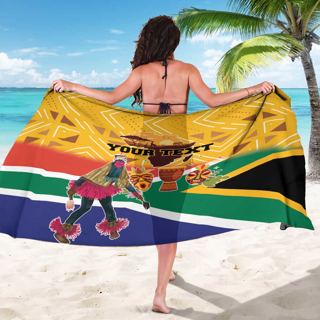 Yellow sarong with geometric stripes, “YOUR TEXT” and dancer graphic, full wrap view