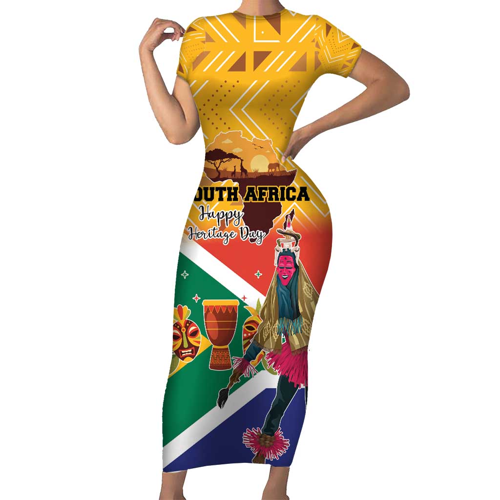 Personalized South Africa Heritage Day Short Sleeve Bodycon Dress With Traditional Dancer - Wonder Print Shop