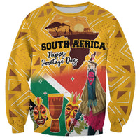 Unisex yellow Heritage Day sweatshirt with South Africa graphic and traditional dancer